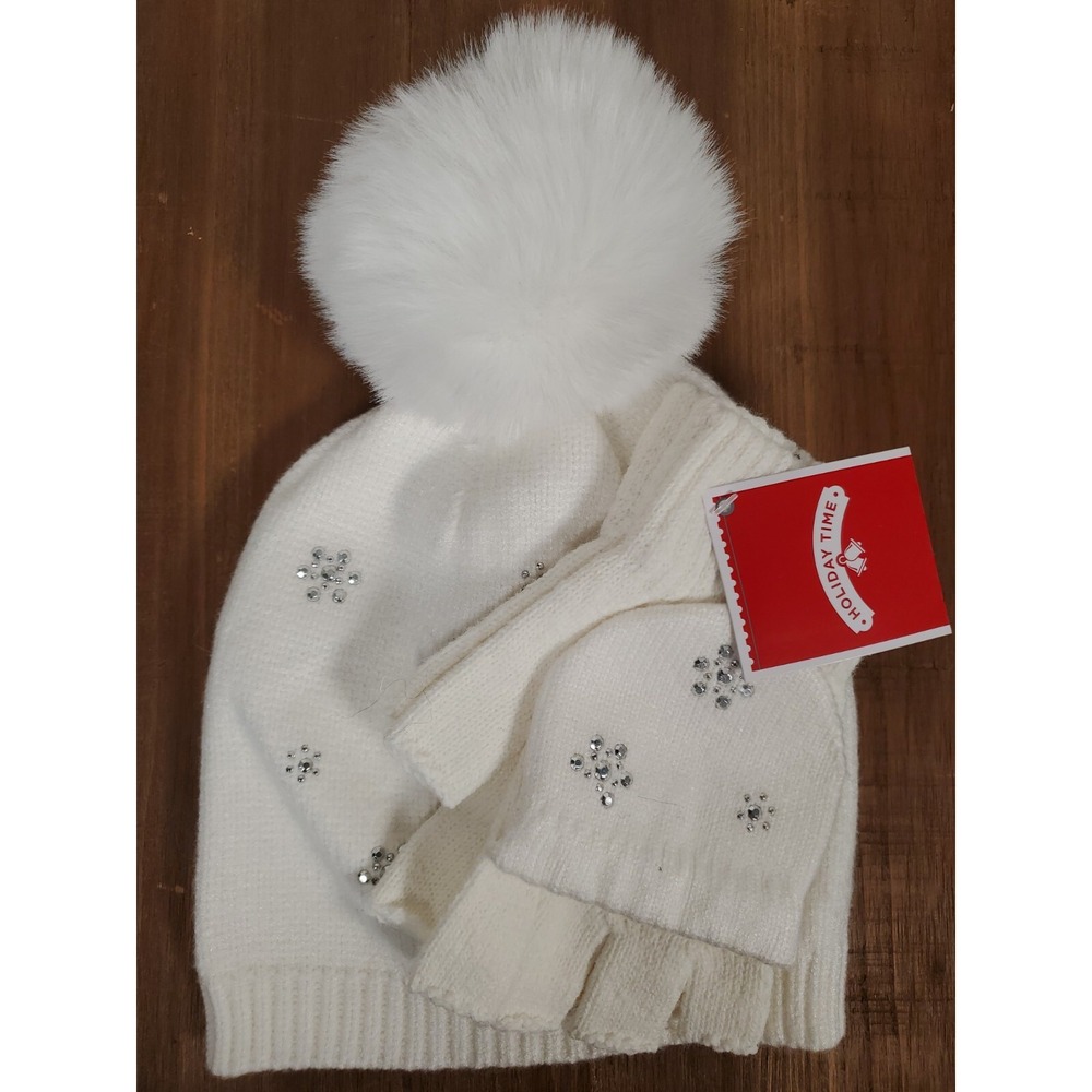 Rhinestone Snowflake Hat & Gloves Set - White Open Finger Texting Women's NEW